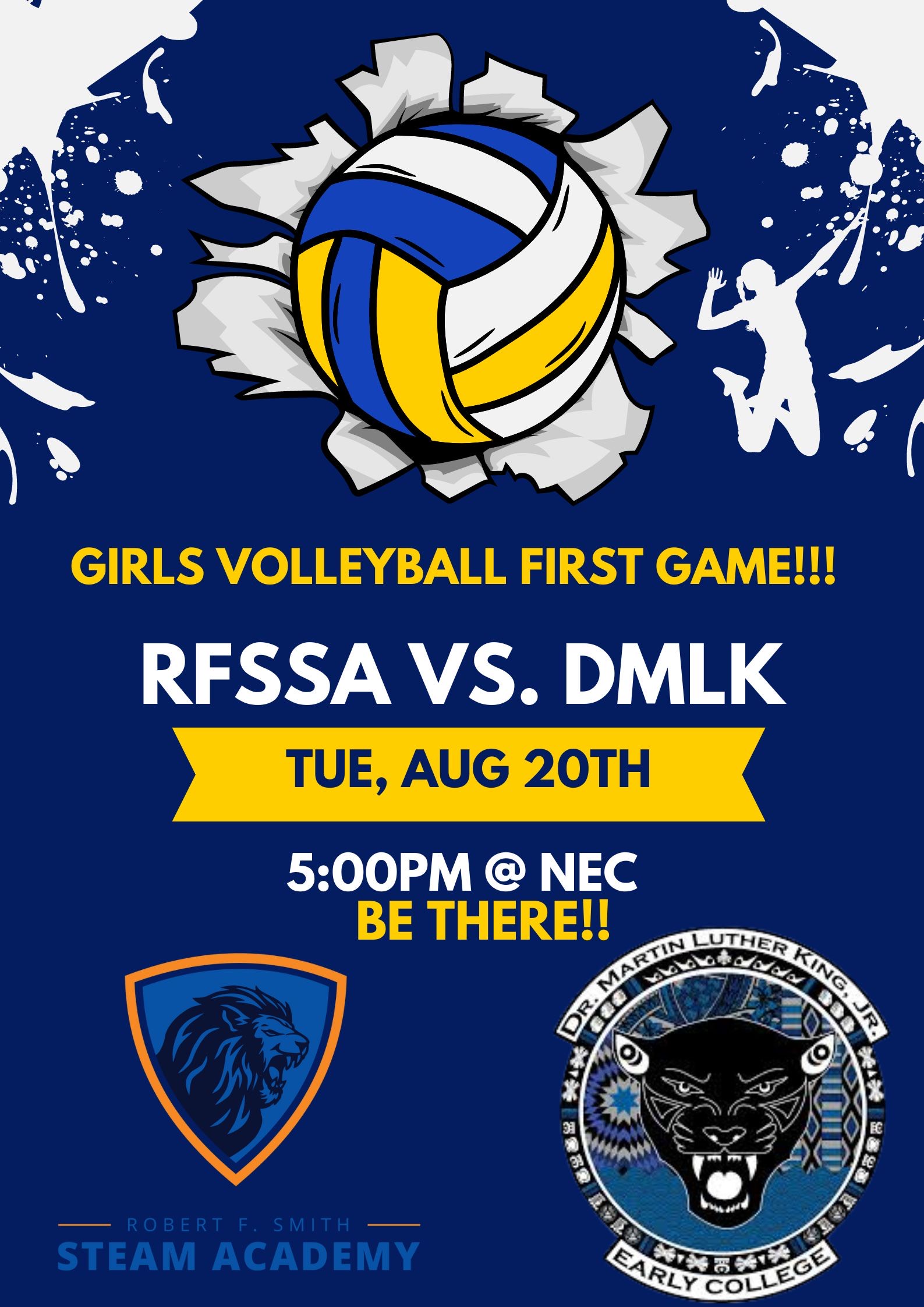 poster for first volleyball game with volleyball graphic and information